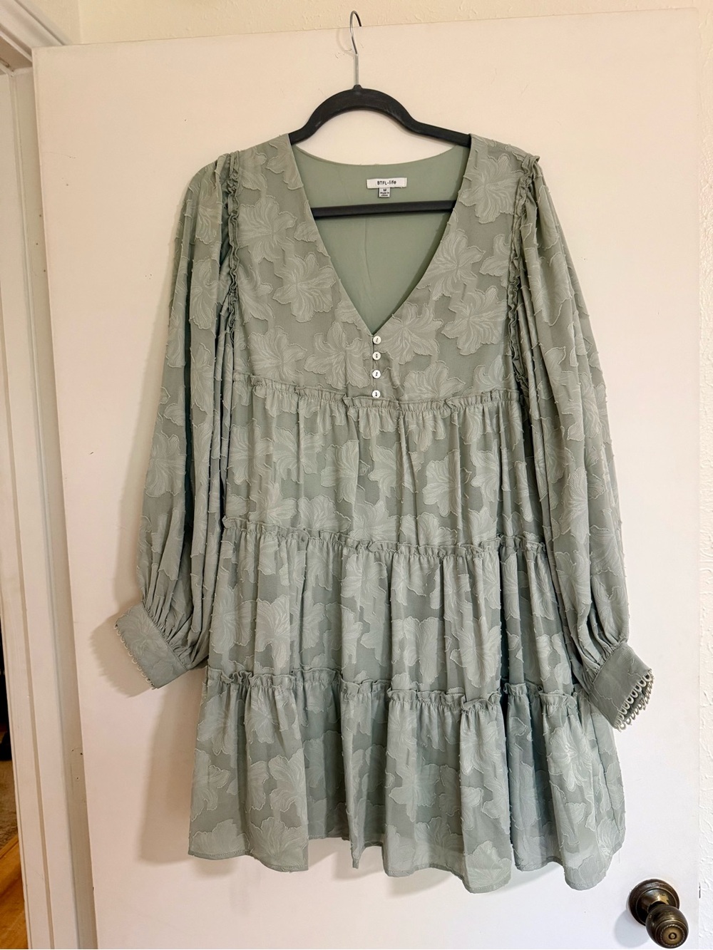 Tiered V-Neck Long Sleeve Dress in Sage Green
